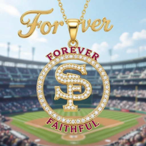 49ers logo with diamonds and red rubies, with script on the top and bottom of the logo that says FOREVER on top and FAITHFUL on the bottom