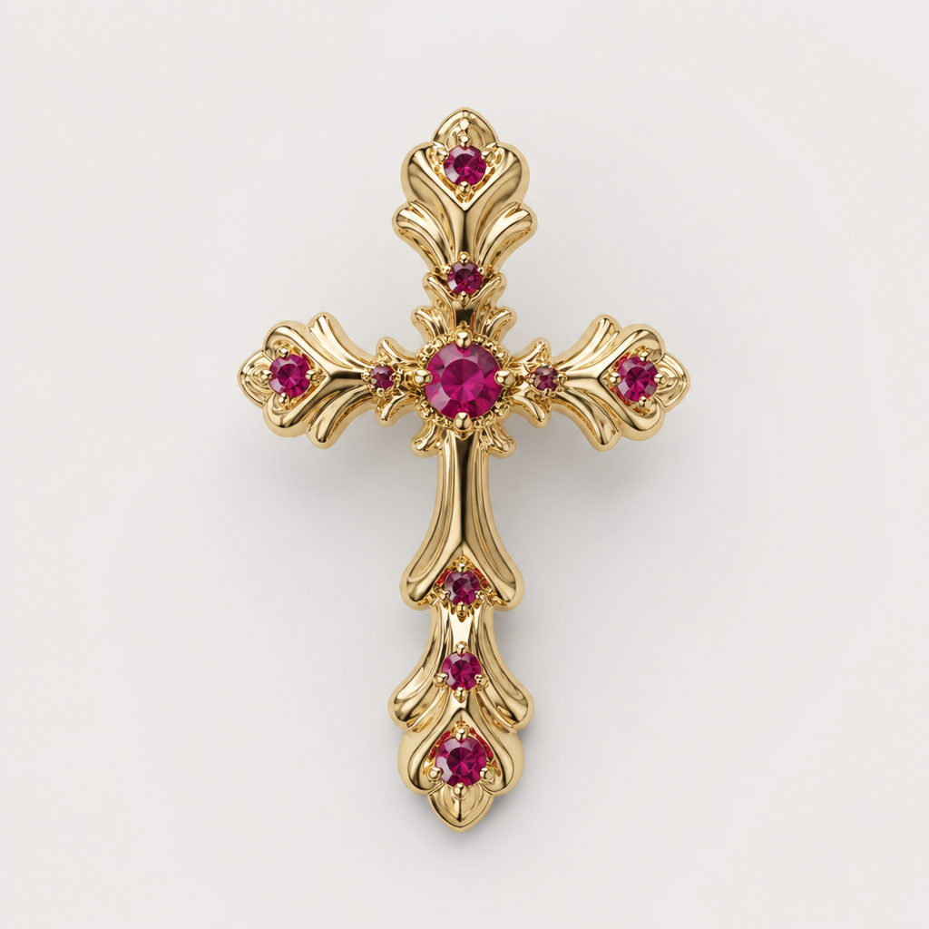 Dainty and feminine Gold cross with rubies, majority gold . Hidden bail
photorealistic jewelry design, Dainty and feminine Gold cross with rubies, majority gold . Hidden bail, romantic style, just the design no text