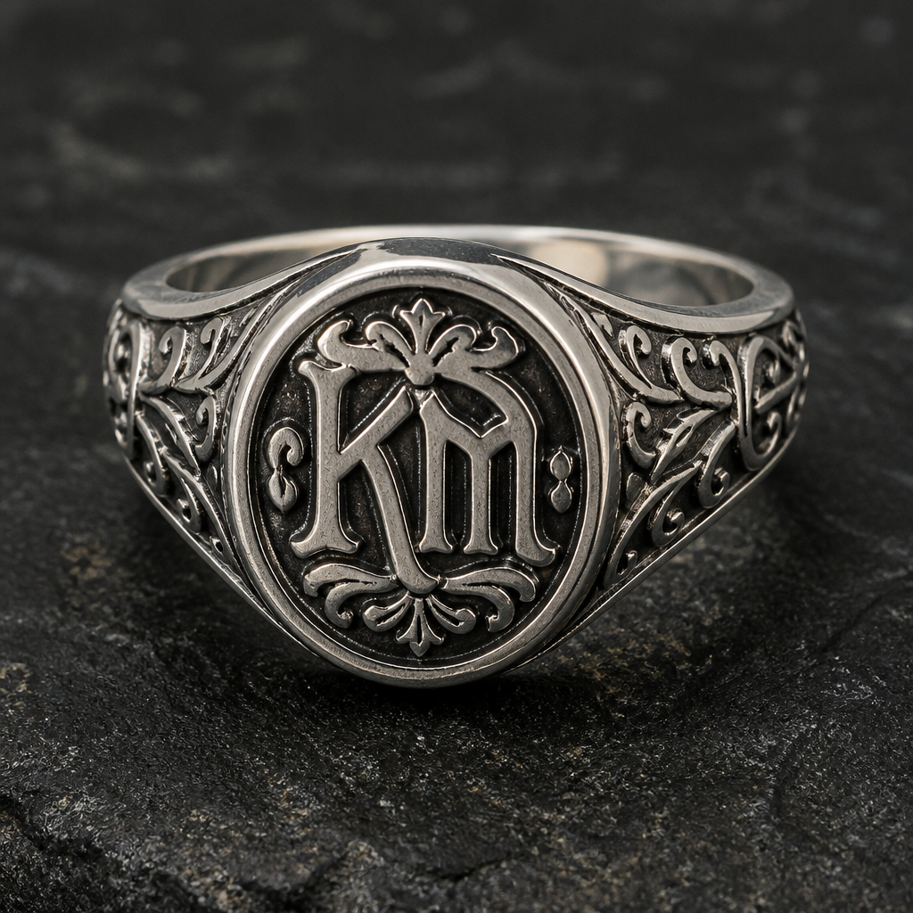 A medieval men's ring made of silver suitable for daily wear, detailed and decorative, moderately ornate. un anillo de sello con iniciales km
photorealistic jewelry design, A medieval men's ring made of silver suitable for daily wear, detailed and decorative, moderately ornate. un anillo de sello con iniciales km, medieval style, just the design no text