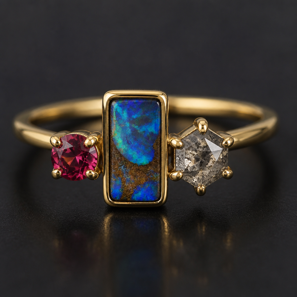 5mm Round red beryl, rectangle boulder opal, 5mm hexagon salt and pepper diamond
photorealistic jewelry design, 5mm Round red beryl, rectangle boulder opal, 5mm hexagon salt and pepper diamond, just the design no text