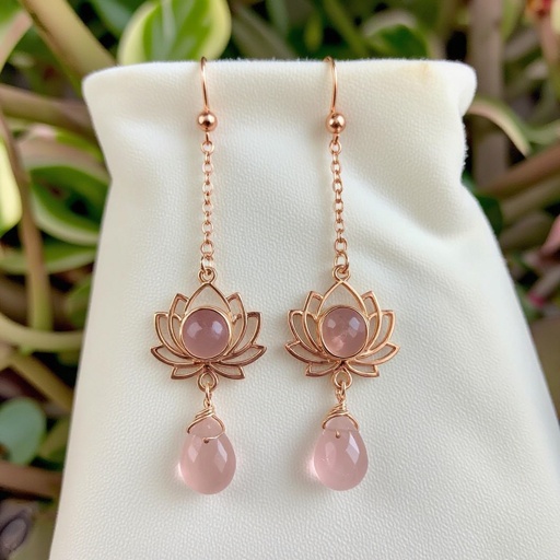 Светлое матовое золото. Серьги с лотосом на длинных цепочках. По центру лотоса камень необрабаботанного розового кварца, от лотоса идет цепочка с еще одним камнем кварца на конце. Серьги тонкие и легкие
