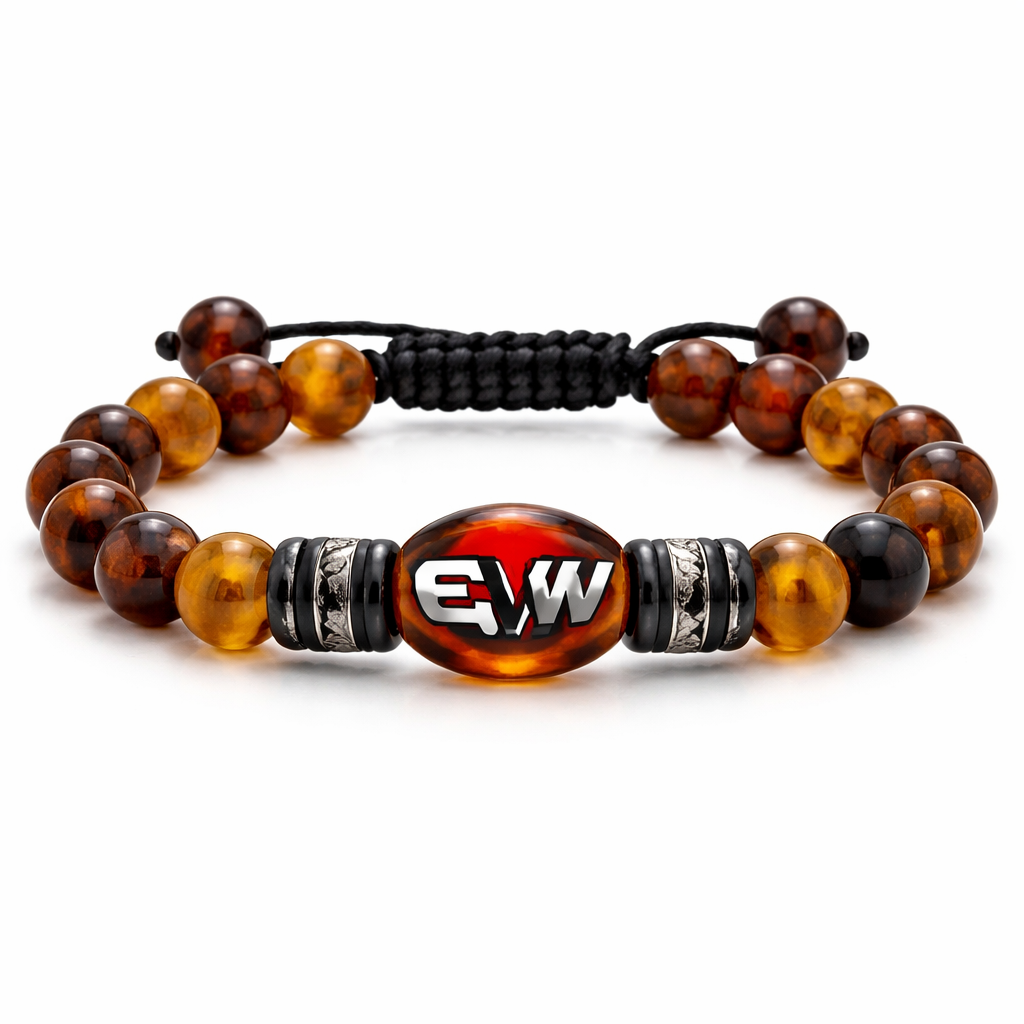 Do not use silver or gold and bracelet for man only amber stones small size EVW logo on the amber stone red and black and white colours