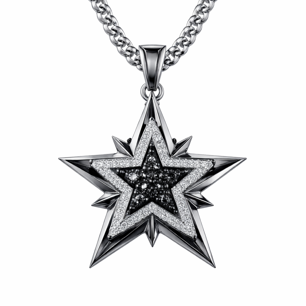 Unique modern edgy pendant with chain for men of Unique design of edges and bold shapes of nice unique star with black diamonds and white diamonds of white background