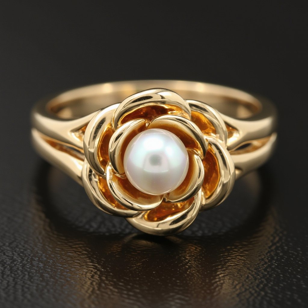 crate a gold ring with e rose and a perl in the midle of the rose