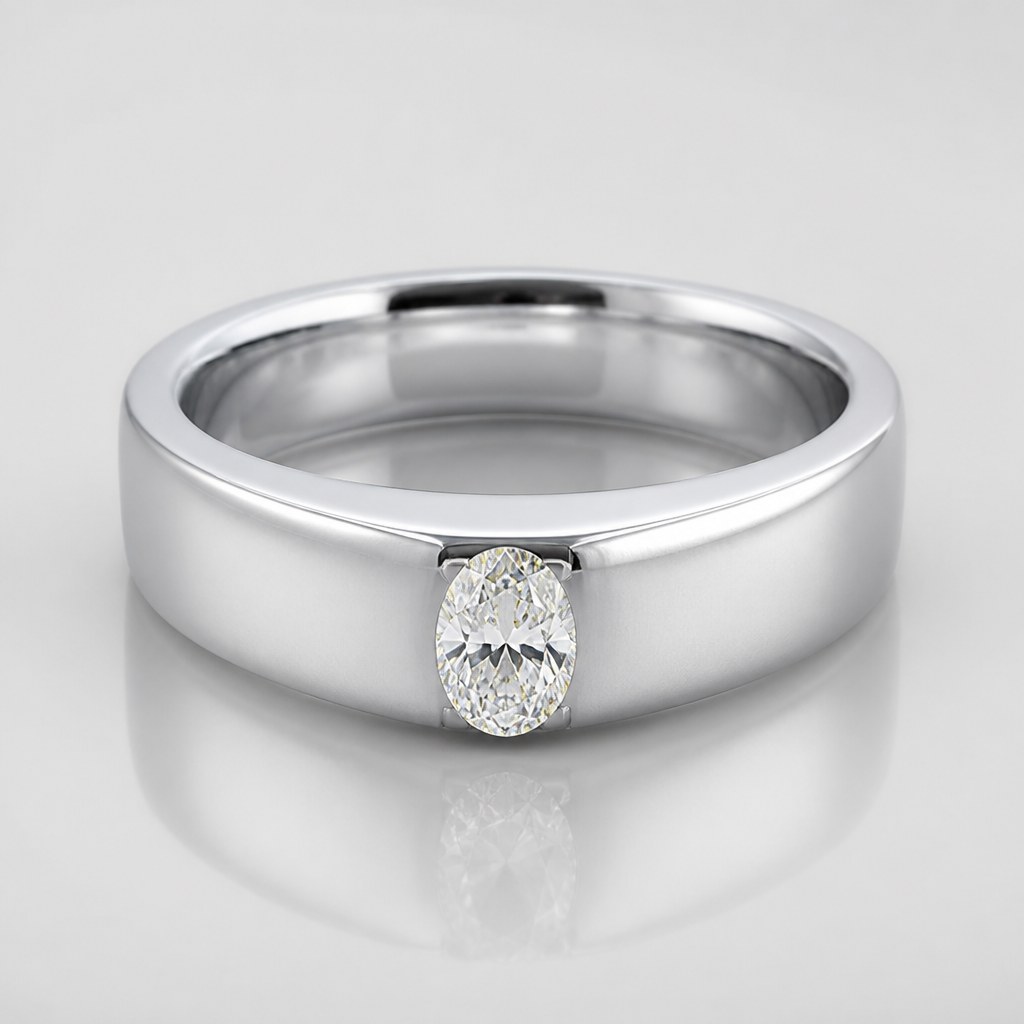 A minimalist men's ring with diamond stones suitable for wedding, ultra-minimalist, very simple and clean, understated, no embellishments. A 0.70-carat oval diamond is used as the center stone.
photorealistic jewelry design, A minimalist men's ring with diamond stones suitable for wedding, ultra-minimalist, very simple and clean, understated, no embellishments. A 0.70-carat oval diamond is used as the center stone., minimalist style, just the design no text