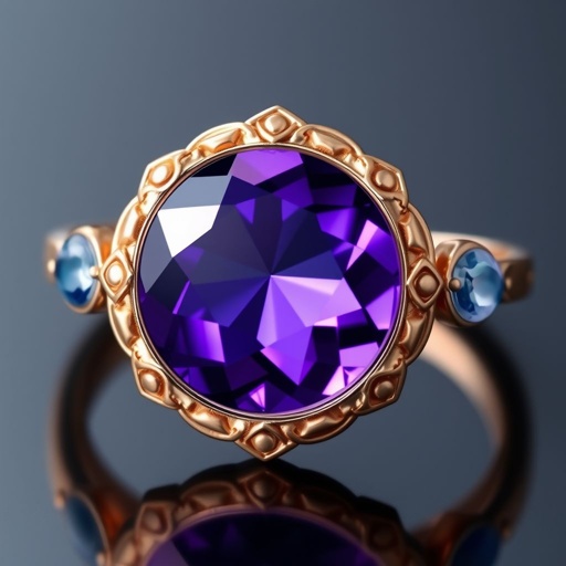 A simple, three stone 18 karat rose gold engagement ring set with a circular purple alexandrite. Also set with a small half moon cut blue chalcedony on one side right next to it, and a small half moon cut moonstone set on the other side right next to it. On the inside of the band, it has an inscription reading, “Tuum. Et in hac vita et in altera.”
