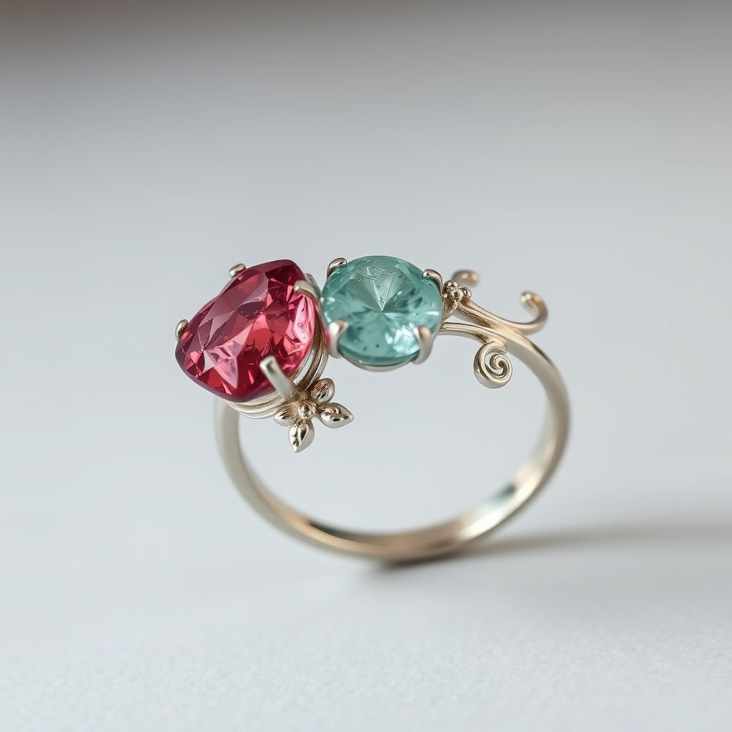 Craft a minimalist silver adjustable ring that delicately embraces the finger. Feature two striking raw natural gemstones—allowing their organic textures and colors to stand out. The design exudes earthy elegance, merging modern style with raw, untamed nature.