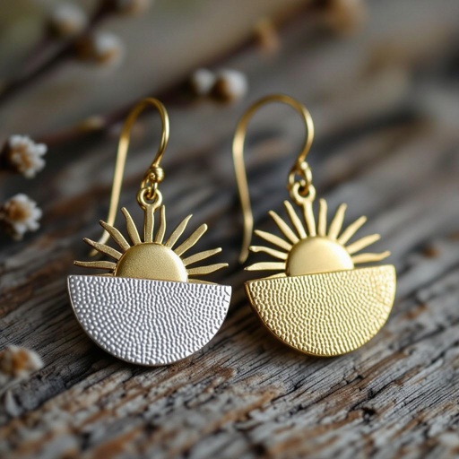 Золотые серьги полукруг половинка горящего солнца мятое неровное золото лучи волнистые другая половинка круга серебряная 