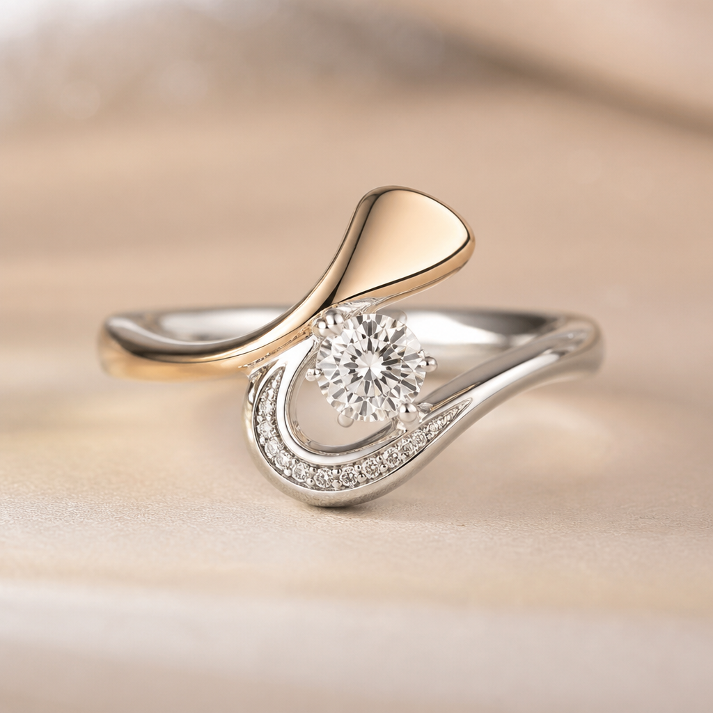 A abstract women's ring made of mixed metal with diamond stones suitable for festival. An extraordinary excellent beautiful delicate and elegant solitaire women ring. Face of the ring.
photorealistic jewelry design, A abstract women's ring made of mixed metal with diamond stones suitable for festival. An extraordinary excellent beautiful delicate and elegant solitaire women ring. Face of the ring., abstract style, just the design no text
