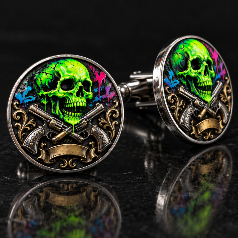A gothic men's cufflinks made of mixed metal suitable for formal. a skull with neon graffiti around the skull and pistols crossing "the family " written in old english
using the attached image as a visual reference, create A gothic men's cufflinks made of mixed metal suitable for formal. a skull with neon graffiti around the skull and pistols crossing "the family " written in old english. photorealistic, just the design no text