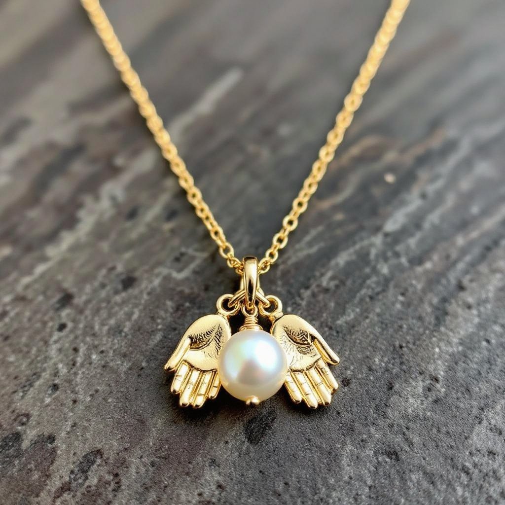Украшение на шею золотая цепочка с подвеской в виде двух ладоней которые держат жемчужину по центру