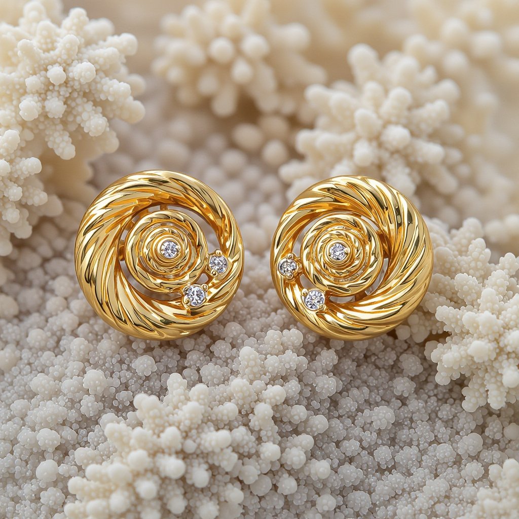 Золотые серьги в виде золотой спиральной ракушки украшенной тремя маленькими камнями 