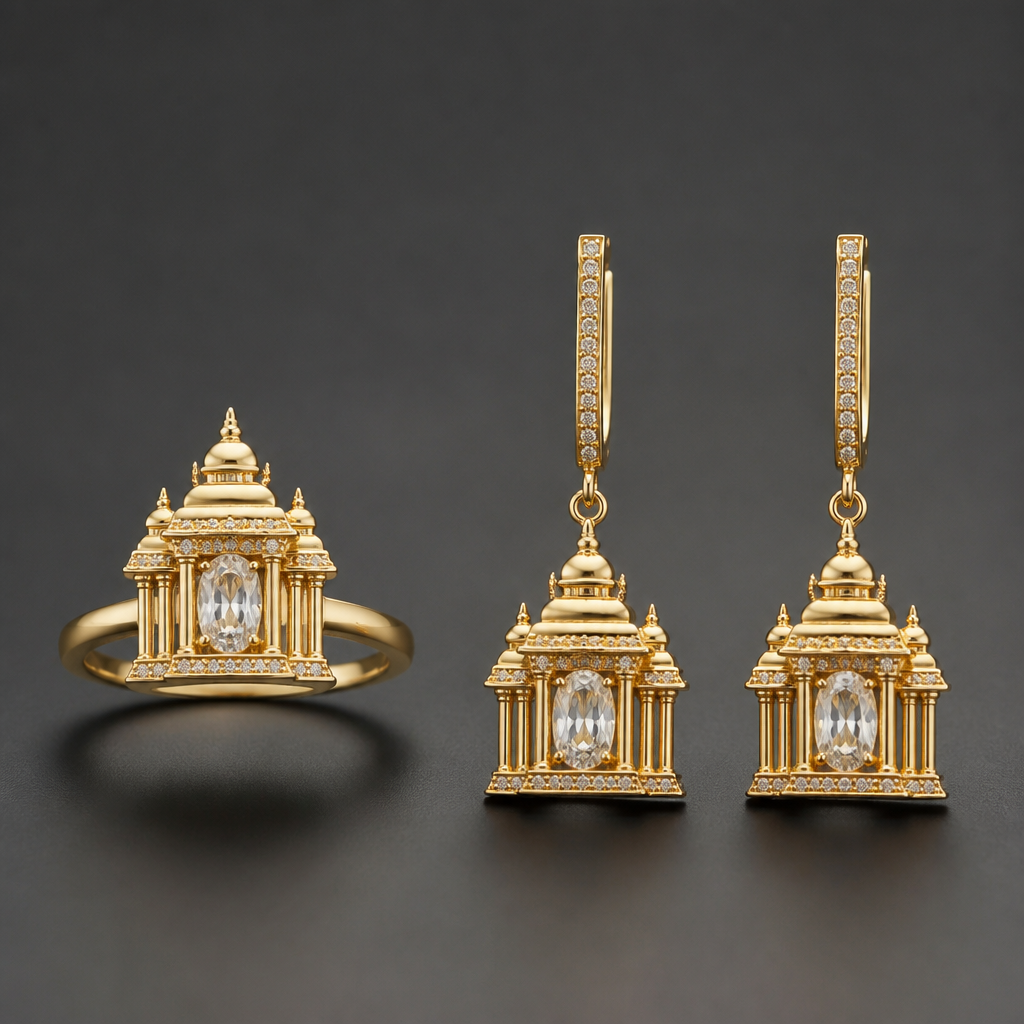 A women's ring. Temple design earring
photorealistic jewelry design, A women's ring. Temple design earring, modern style, just the design no text