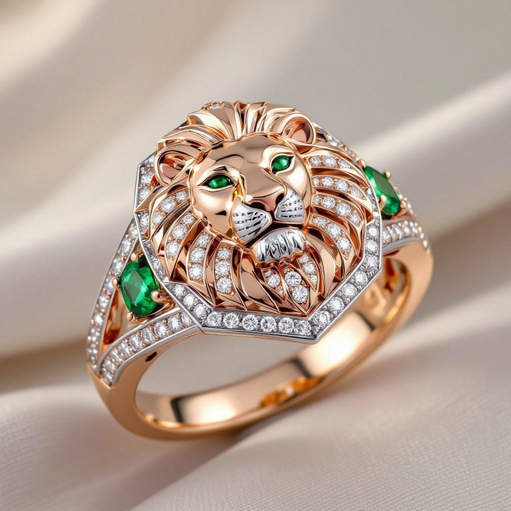 Contemporary Geometric lion ring of rose gold and white goldGeomatricw lion of architecture shape and edge of diamonds and emerlad of rose gold 
