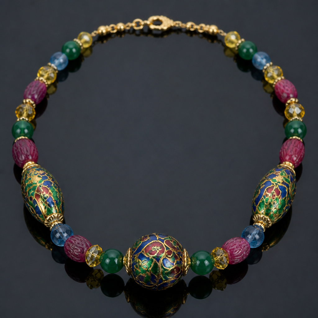 "Large cloisonne center bead 20mm round gold green red blue, two egg shapped cloisonne 25mm x 15 gold green red blue, round 15mm emerald green beads, carved rough cut ruby egg shapped 14mm x 10mm beads, blue apatite 8mm round beads, faceted rondel shapped citrine 8mm x 5mm, gold findings " necklace
photorealistic jewelry design, "Large cloisonne center bead 20mm round gold green red blue, two egg shapped cloisonne 25mm x 15 gold green red blue, round 15mm emerald green beads, carved rough cut ruby egg shapped 14mm x 10mm beads, blue apatite 8mm round beads, faceted rondel shapped citrine 8mm x 5mm, gold findings " necklace , art_deco style, just the design no text