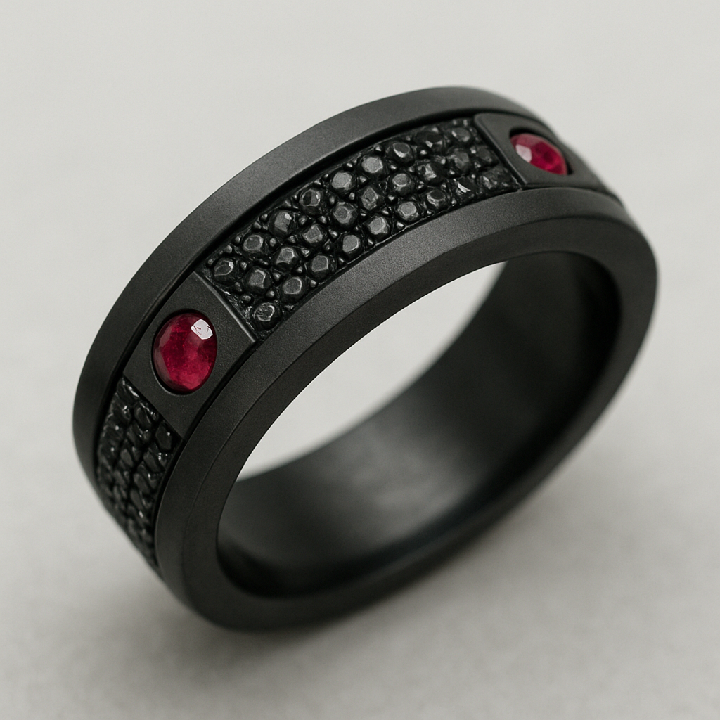 Men’s thick wedding band black with black stones and 2 rubies 