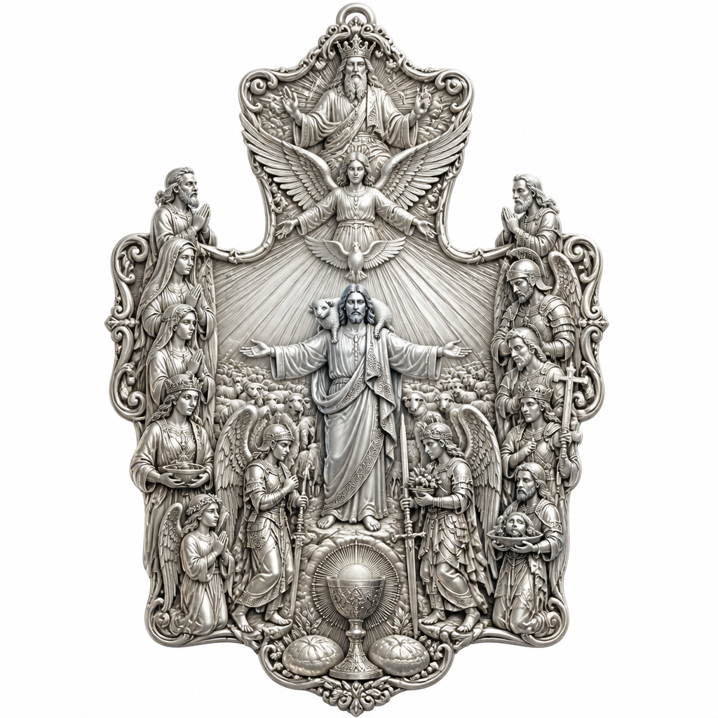 A royal women's pendant made of silver suitable for festival. An extraordinary excellent beautiful delicate and elegant, super modern Cross, without stones, without background only the Cross, with Jesus Christ as the Good Shepherd with a beautiful delicate and elegant face, with long hair, with a beautiful delicate elegant and fit body, with His hands wide open to receive all of us, with a beautiful delicate elegant and beautifully ornated tunic, with a beautiful delicate and elegant sheep on His shoulders, with a beautiful delicate and elegant flock of beautiful delicate and elegant sheep backward of Him. Over Jesus Christ and the flock to be placed the Holy Spirit as an Angel with a beautiful delicate and elegant face, with long hair, with big wings flying, with a beautiful delicate elegant and fit body, with a beautiful delicate elegant and beautifully ornated tunic under the Angel to be placed a beautiful delicate and elegant dove flying both of them the Angel and the dove to be surrounded by tongues of fire radiating light to Jesus Christ and the flock. Over the Holy Spirit to be placed God the Father with a beautiful delicate and elegant face, with long hair, with a beautiful delicate elegant and fit body, with a beautiful delicate and elegant tunic, with a beautiful delicate and elegant sceptre at His left hand blessing the world with His right hand, with a beautiful delicate elegant and beautifully ornated crown on His head. At the bottom of the Cross to be placed the Holy Communion with a beautiful delicate elegant and beautifully ornated chalice and two breads around the chalice. At the lower right side of the Cross to be stacked one by one Saint John the Baptist with a beautiful delicate elegant and beautifully ornated platter with his head on it. Over Saint John the Baptist to be placed Saint Constantine with a beautiful delicate and elegant face, with long hair, with a beautiful delicate and elegant crown on his head, with a beautiful delicate elegant and fit body, with a beautiful delicate and elegant armour holding a beautiful delicate elegant and beautifully ornated Cross. Over Saint Constantine to be placed Saint George with a beautiful delicate and elegant face, with long hair, with a beautiful delicate elegant and beautifully ornated helmet with a beautiful delicate elegant and fit body, with a beautiful delicate elegant and beautifully ornated armour, holding a beautiful delicate and elegant sword with his right hand at low position and near the floor giving respect to the Holy Trinity and Praying. Over Saint George to be placed Saint Peter the Apostle Praying. At the left lower side of the Cross to be placed stacked Saint Paraskevi with a beautiful delicate and elegant face, with long hair, with a beautiful delicate elegant and beautifully curved body, with a beautiful delicate elegant and beautifully ornated tunic holding a bowl with two eyes in it. Over Saint Paraskevi to be placed Saint Irene with a beautiful delicate and elegant face, with long hair, with a beautiful delicate elegant and beautifully ornated wreath on her head, with a beautiful delicate elegant and beautifully curved body, with a beautiful delicate elegant and beautifully ornated tunic Praying. Over Saint Irene to be placed Virgo Maria with a beautiful delicate and elegant face, with beautifully ornated long hair, with a beautiful delicate elegant and beautifully curved body, with a beautiful delicate elegant and beautifully ornated tunic Praying. Over Virgo Maria to be placed Saint Paul the Apostle Praying. At the right side of the Cross to be placed Saint Michael the Archangel with a beautiful delicate and elegant face, with long hair, with a beautiful delicate elegant and beautifully ornated helmet, with a beautiful delicate elegant and fit body, with big wings flying, with a beautiful delicate elegant and beautifully ornated armour, holding His beautiful delicate elegant and beautifully ornated sword low to the ground giving respect to the Holy Trinity and Praying. In front of Saint Michael the Archangel to be placed Saint Gabriel the Archangel with a beautiful delicate and elegant face, with long hair, with a beautiful delicate elegant and beautifully ornated helmet on His head, with a beautiful delicate elegant and fit body, with big wings flying, with a beautiful delicate elegant and beautifully ornated armour, holding a beautiful delicate elegant and beautifully ornated bucket of lilyes and Praying. At the left side of the Cross to be placed Saint Rafael the Archangel with a beautiful delicate and elegant face, with long hair, with a beautiful delicate elegant and beautifully ornated helmet, with a beautiful delicate elegant and fit body, with big wings flying, with a beautiful delicate elegant and beautifully ornated armour, holding a beautiful delicate elegant and beautifully ornated sword with his right hand low giving respect to the Holy Trinity and Praying. In front of Saint Rafael the Archangel to be placed the Guardian Angel with a beautiful delicate and elegant face, with long hair, with a beautiful delicate elegant and beautifully ornated with flowers wreath on His head, with a beautiful delicate elegant and fit body, with a beautiful delicate elegant and beautifully ornated tunic Praying. Make all the Angels, the Saints, God the Father, the Holy Spirit and Jesus Christ and the flock as statues.
photorealistic jewelry design, A royal women's pendant made of silver suitable for festival. An extraordinary excellent beautiful delicate and elegant, super modern Cross, without stones, without background only the Cross, with Jesus Christ as the Good Shepherd with a beautiful delicate and elegant face, with long hair, with a beautiful delicate elegant and fit body, with His hands wide open to receive all of us, with a beautiful delicate elegant and beautifully ornated tunic, with a beautiful delicate and elegant sheep on His shoulders, with a beautiful delicate and elegant flock of beautiful delicate and elegant sheep backward of Him. Over Jesus Christ and the flock to be placed the Holy Spirit as an Angel with a beautiful delicate and elegant face, with long hair, with big wings flying, with a beautiful delicate elegant and fit body, with a beautiful delicate elegant and beautifully ornated tunic under the Angel to be placed a beautiful delicate and elegant dove flying both of them the Angel and the dove to be surrounded by tongues of fire radiating light to Jesus Christ and the flock. Over the Holy Spirit to be placed God the Father with a beautiful delicate and elegant face, with long hair, with a beautiful delicate elegant and fit body, with a beautiful delicate and elegant tunic, with a beautiful delicate and elegant sceptre at His left hand blessing the world with His right hand, with a beautiful delicate elegant and beautifully ornated crown on His head. At the bottom of the Cross to be placed the Holy Communion with a beautiful delicate elegant and beautifully ornated chalice and two breads around the chalice. At the lower right side of the Cross to be stacked one by one Saint John the Baptist with a beautiful delicate elegant and beautifully ornated platter with his head on it. Over Saint John the Baptist to be placed Saint Constantine with a beautiful delicate and elegant face, with long hair, with a beautiful delicate and elegant crown on his head, with a beautiful delicate elegant and fit body, with a beautiful delicate and elegant armour holding a beautiful delicate elegant and beautifully ornated Cross. Over Saint Constantine to be placed Saint George with a beautiful delicate and elegant face, with long hair, with a beautiful delicate elegant and beautifully ornated helmet with a beautiful delicate elegant and fit body, with a beautiful delicate elegant and beautifully ornated armour, holding a beautiful delicate and elegant sword with his right hand at low position and near the floor giving respect to the Holy Trinity and Praying. Over Saint George to be placed Saint Peter the Apostle Praying. At the left lower side of the Cross to be placed stacked Saint Paraskevi with a beautiful delicate and elegant face, with long hair, with a beautiful delicate elegant and beautifully curved body, with a beautiful delicate elegant and beautifully ornated tunic holding a bowl with two eyes in it. Over Saint Paraskevi to be placed Saint Irene with a beautiful delicate and elegant face, with long hair, with a beautiful delicate elegant and beautifully ornated wreath on her head, with a beautiful delicate elegant and beautifully curved body, with a beautiful delicate elegant and beautifully ornated tunic Praying. Over Saint Irene to be placed Virgo Maria with a beautiful delicate and elegant face, with beautifully ornated long hair, with a beautiful delicate elegant and beautifully curved body, with a beautiful delicate elegant and beautifully ornated tunic Praying. Over Virgo Maria to be placed Saint Paul the Apostle Praying. At the right side of the Cross to be placed Saint Michael the Archangel with a beautiful delicate and elegant face, with long hair, with a beautiful delicate elegant and beautifully ornated helmet, with a beautiful delicate elegant and fit body, with big wings flying, with a beautiful delicate elegant and beautifully ornated armour, holding His beautiful delicate elegant and beautifully ornated sword low to the ground giving respect to the Holy Trinity and Praying. In front of Saint Michael the Archangel to be placed Saint Gabriel the Archangel with a beautiful delicate and elegant face, with long hair, with a beautiful delicate elegant and beautifully ornated helmet on His head, with a beautiful delicate elegant and fit body, with big wings flying, with a beautiful delicate elegant and beautifully ornated armour, holding a beautiful delicate elegant and beautifully ornated bucket of lilyes and Praying. At the left side of the Cross to be placed Saint Rafael the Archangel with a beautiful delicate and elegant face, with long hair, with a beautiful delicate elegant and beautifully ornated helmet, with a beautiful delicate elegant and fit body, with big wings flying, with a beautiful delicate elegant and beautifully ornated armour, holding a beautiful delicate elegant and beautifully ornated sword with his right hand low giving respect to the Holy Trinity and Praying. In front of Saint Rafael the Archangel to be placed the Guardian Angel with a beautiful delicate and elegant face, with long hair, with a beautiful delicate elegant and beautifully ornated with flowers wreath on His head, with a beautiful delicate elegant and fit body, with a beautiful delicate elegant and beautifully ornated tunic Praying. Make all the Angels, the Saints, God the Father, the Holy Spirit and Jesus Christ and the flock as statues., royal style, just the design no text