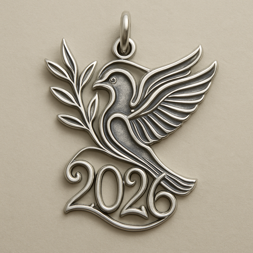 Slim Silver cut-out charm blending together only the two spread out wings of a bird, an olive branch and  along year 2026
