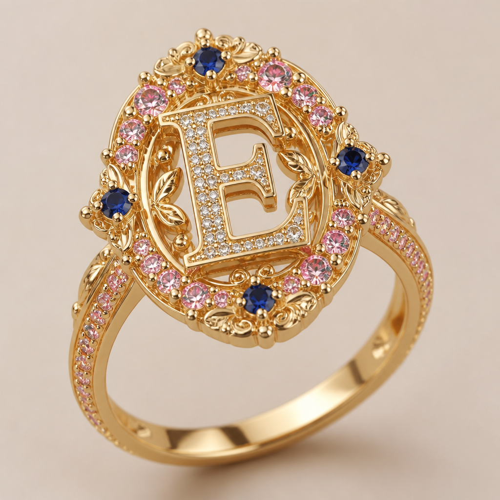 A modern women's ring made of gold, highly ornate, intricate and elaborate, richly detailed. um anel de 15 anos com inicial E com pedrinhas azul e pedrinhas rosa em volta com frase
photorealistic jewelry design, A modern women's ring made of gold, highly ornate, intricate and elaborate, richly detailed. um anel de 15 anos com inicial E com pedrinhas azul e pedrinhas rosa em volta com frase, modern style, just the design no text