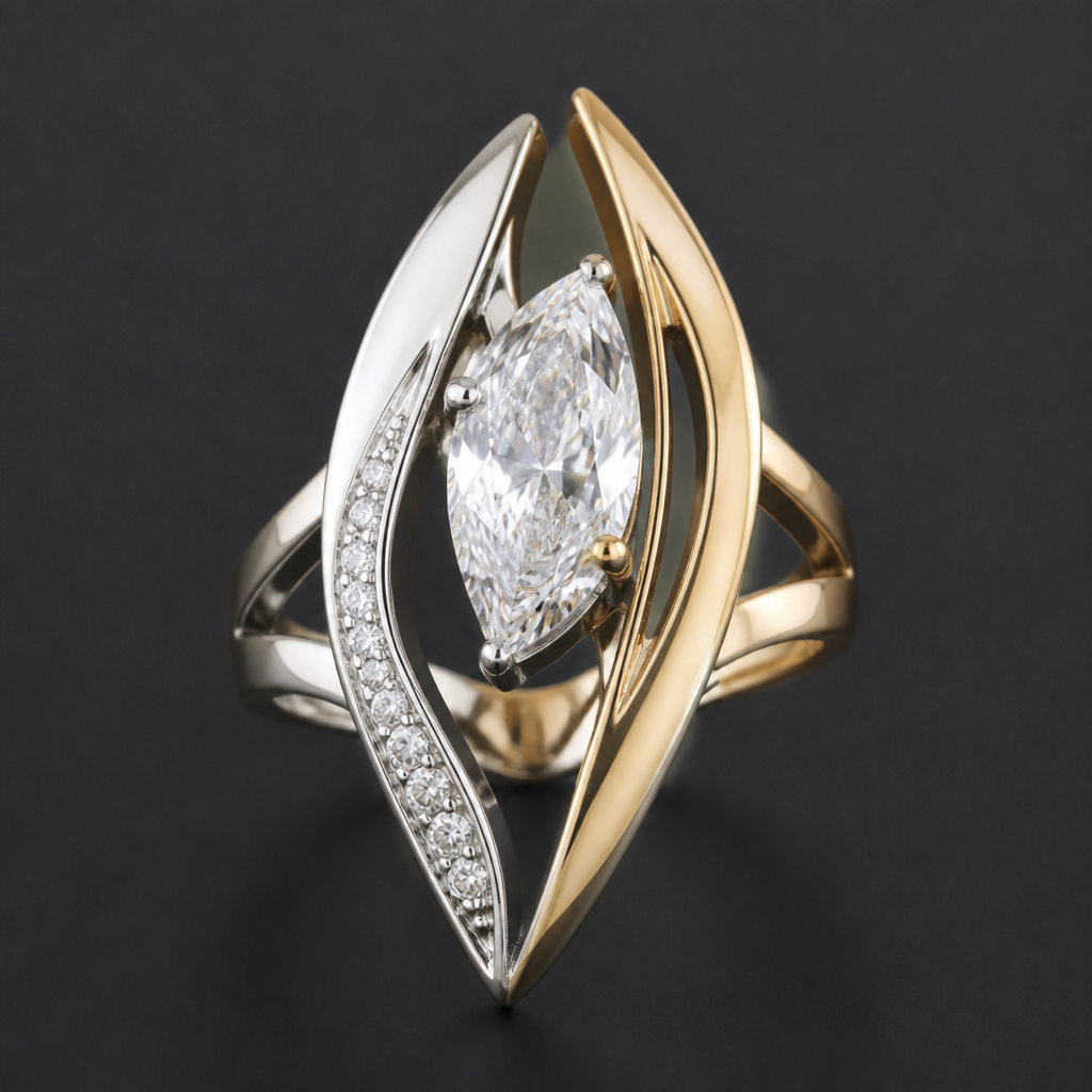 A avant-garde women's ring made of mixed metal with diamond stones suitable for festival. An extraordinary excellent beautiful delicate and elegant solitaire women ring. Face of the ring.
photorealistic jewelry design, A avant-garde women's ring made of mixed metal with diamond stones suitable for festival. An extraordinary excellent beautiful delicate and elegant solitaire women ring. Face of the ring., avant_garde style, just the design no text