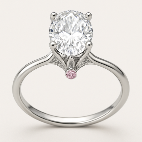 Make me a diamond engagement ring with an oval diamond that is large is shiny, silver band, but make it unique and fit for an elegant princess. Think dainty but loud and regal at the same time. Incorporate a second light pink diamond at the bottom front and back below the main diamond. Make the band thinner and have a hidden halo with a modern tulip basket setting with 6 prongs. Dainty but regal.  Make the band thinner and have a hidden halo with a modern tulip basket setting with 6 prongs.  6 prongs. 