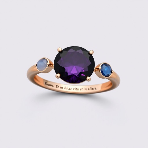 A simple rose gold engagement ring set with a circular alexandrite. Also set with a small half moon blue chalcedony on one side, and a small half moon moonstone set on the other side. On the inside of the band, it has an inscription reading, “Tuum. Et in hac vita et in altera.”