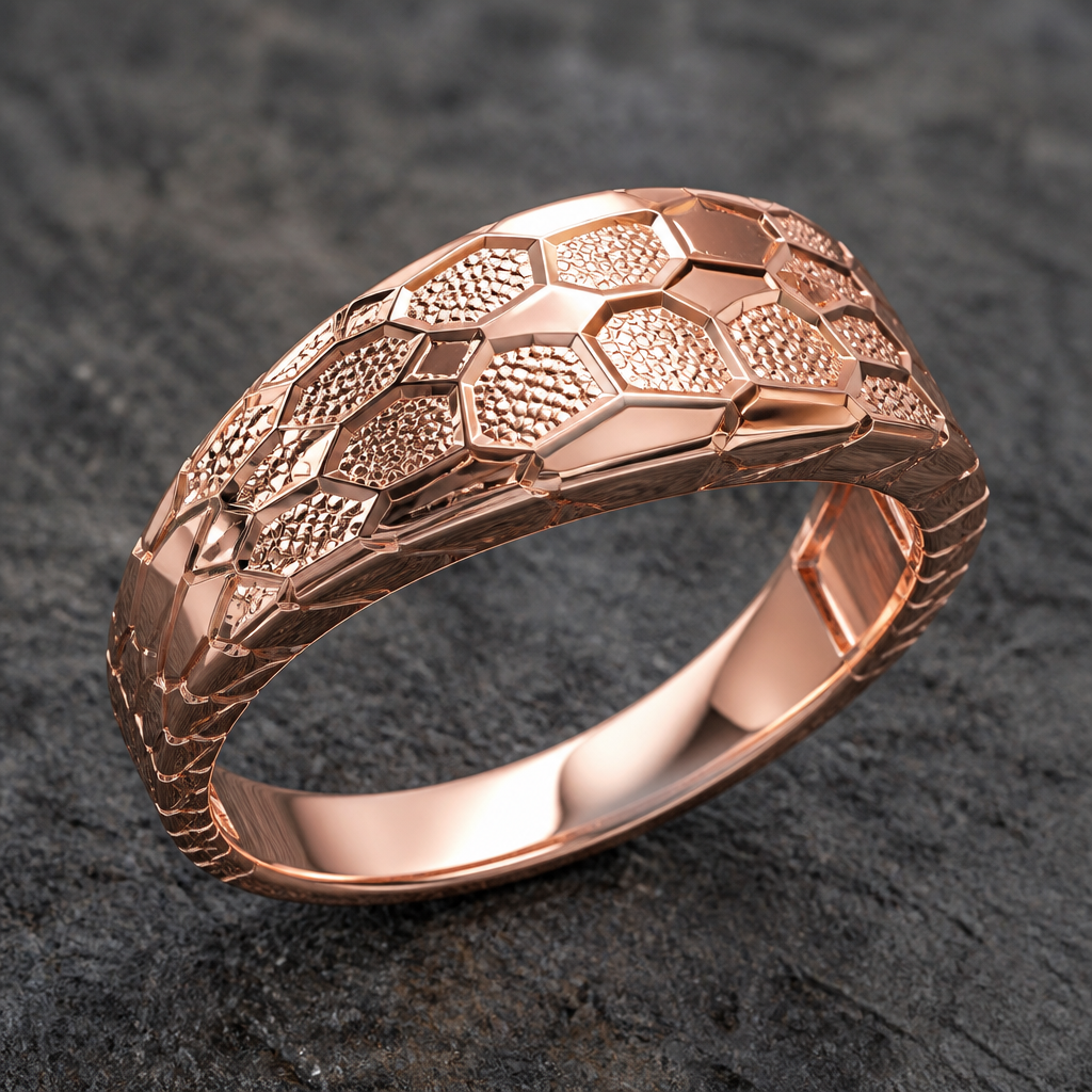 A geometric men's ring made of rose gold suitable for daily wear, highly ornate, intricate and elaborate, richly detailed. cobra skin design , thin from bottom and little a litte thick from front up and on thick side 43 engraved.