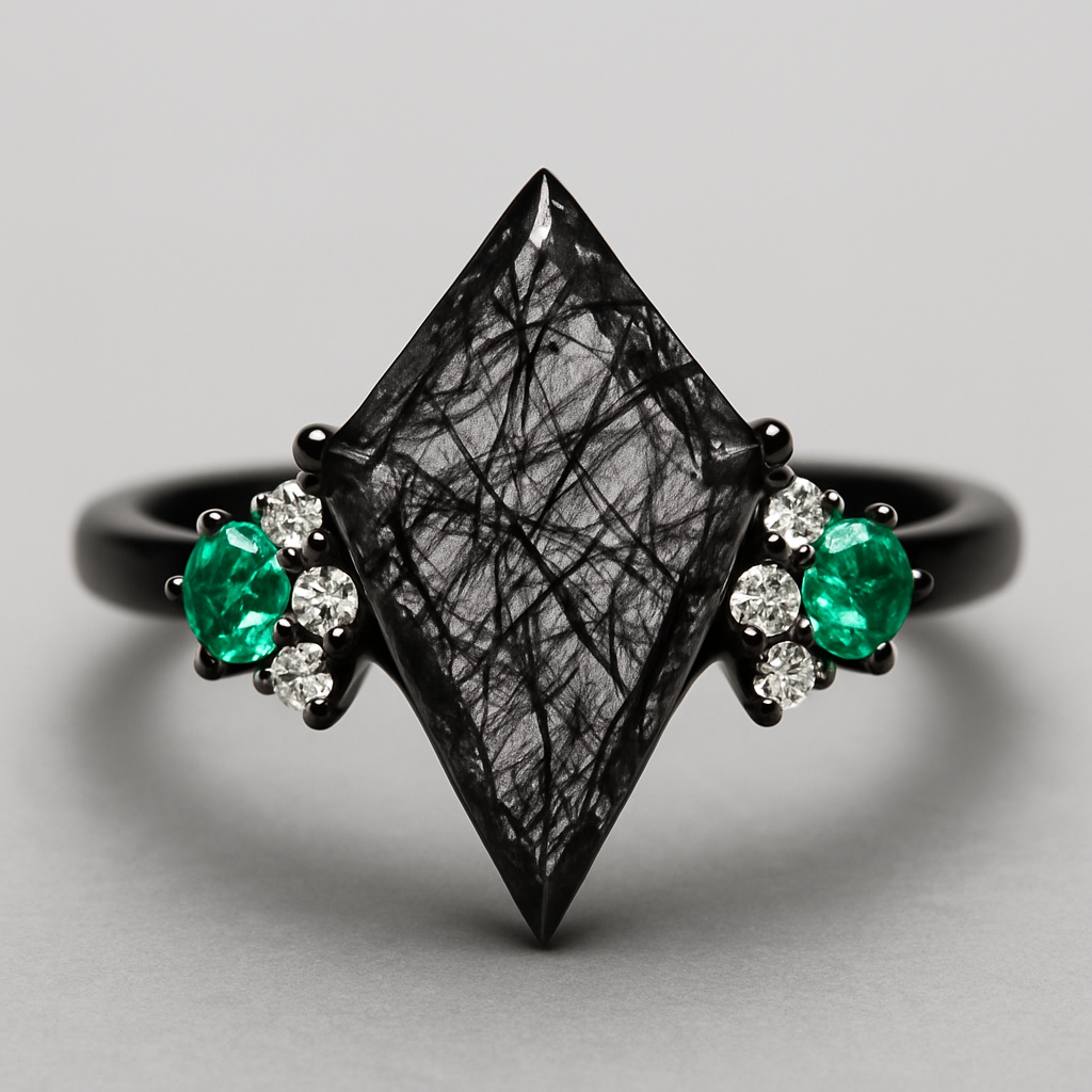 Kite cut Black rutilated quartz with 1 emerald on each side and 2 moissanite on each side accent stones in a cluster on a black band