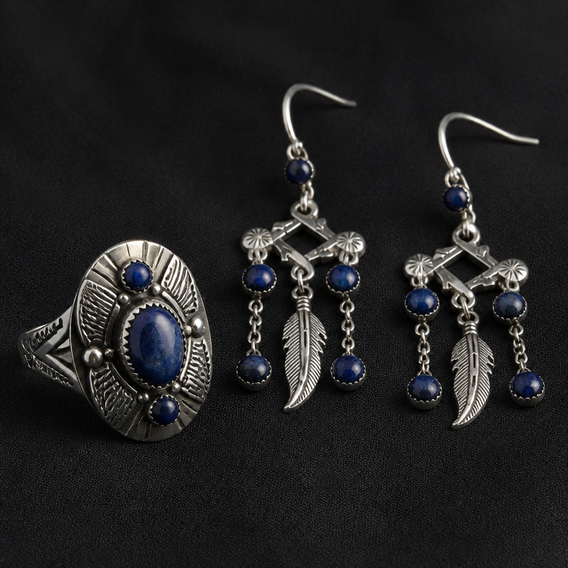 A native american women's ring made of silver with sapphire stones. dark blue gemstone earrings
using the attached image as a visual reference, create A native american women's ring made of silver with sapphire stones. dark blue gemstone earrings. photorealistic, just the design no text
