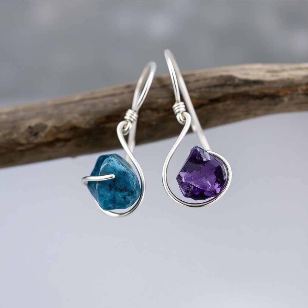 Earrings, Silver minimal, raw gemstone, elegant