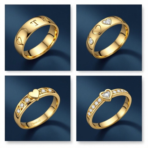 A men’s bold 14K band with repeating raised hearts (one engraved with T, one with K, and diamonds in the others). 	2.	Two identical women’s rings like the one described above — both feminine, delicate, and matching.