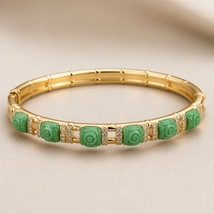 A bangle women's bracelet made of gold with diamond stones suitable for daily wear. Use 12 tablets.
using the attached image as a visual reference, create A bangle women's bracelet made of gold with diamond stones suitable for daily wear. Use 12 tablets.. photorealistic, just the design no text