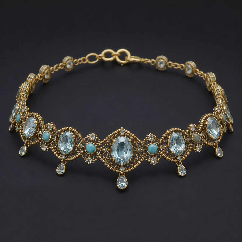 A medieval women's anklet made of gold with aquamarine and diamond and turquoise stones suitable for formal, highly ornate, intricate and elaborate, richly detailed. delicado y sencillo
photorealistic jewelry design, A medieval women's anklet made of gold with aquamarine and diamond and turquoise stones suitable for formal, highly ornate, intricate and elaborate, richly detailed. delicado y sencillo, medieval style, just the design no text