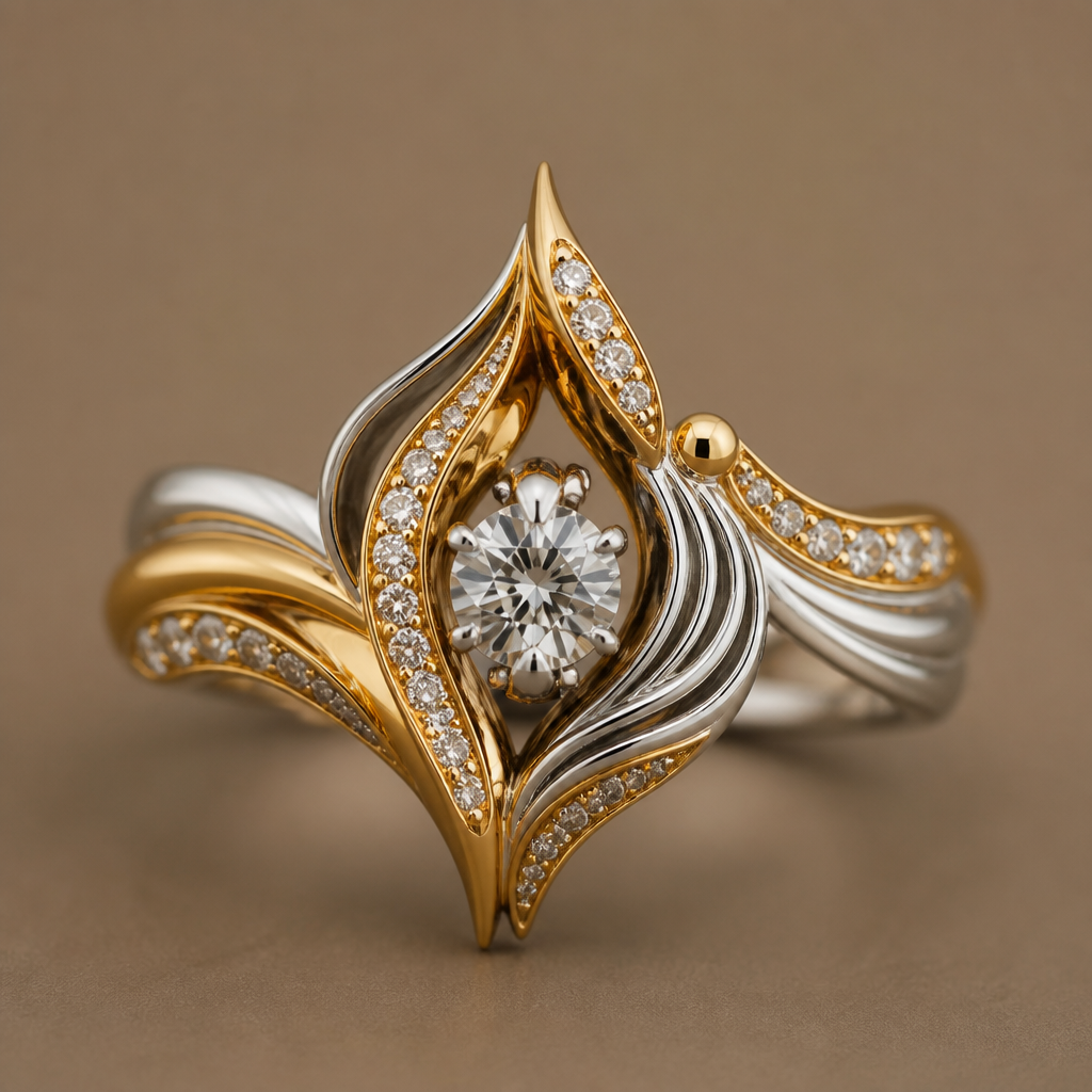 A avant-garde women's ring made of mixed metal with diamond stones suitable for festival. An extraordinary excellent beautiful delicate and elegant solitaire women ring. Face of the ring.
photorealistic jewelry design, A avant-garde women's ring made of mixed metal with diamond stones suitable for festival. An extraordinary excellent beautiful delicate and elegant solitaire women ring. Face of the ring., avant_garde style, just the design no text