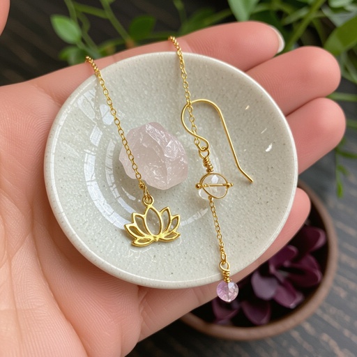 Серьги золото изящный маленький плоский лотос с необработанным маленьким хрусталем в центре, от лотоса идет золотая цепочка вниз с еще одним маленьким камушком хрусталя