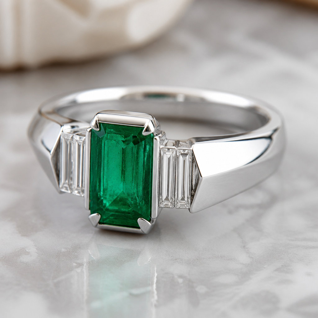 A women's ring made of silver with emerald stones. I have a rectangular emerald
photorealistic jewelry design, A women's ring made of silver with emerald stones. I have a rectangular emerald, modern style, just the design no text