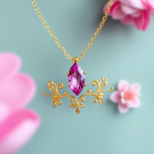 A everyday wear but delicate small gold necklace with a pink pendant color gemstone in a marquise cut. All the details are delicate and they rappresent the petals of the flower lotus.