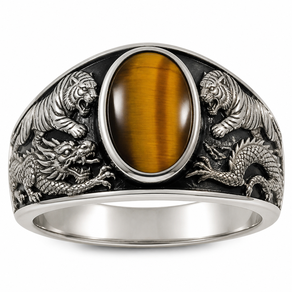 Sterling silver women’s signet ring. Large oval tiger’s eye gemstone in raised bezel at top. Two tigers on left and right sides of the stone facing outward with black background. Tiger defeating dragon on the band sides with dragon head face body clearly visible. Professional jewelry photo, white background.
photorealistic jewelry design, Sterling silver women’s signet ring. Large oval tiger’s eye gemstone in raised bezel at top. Two tigers on left and right sides of the stone facing outward with black background. Tiger defeating dragon on the band sides with dragon head face body clearly visible. Professional jewelry photo, white background., signet style, just the design no text