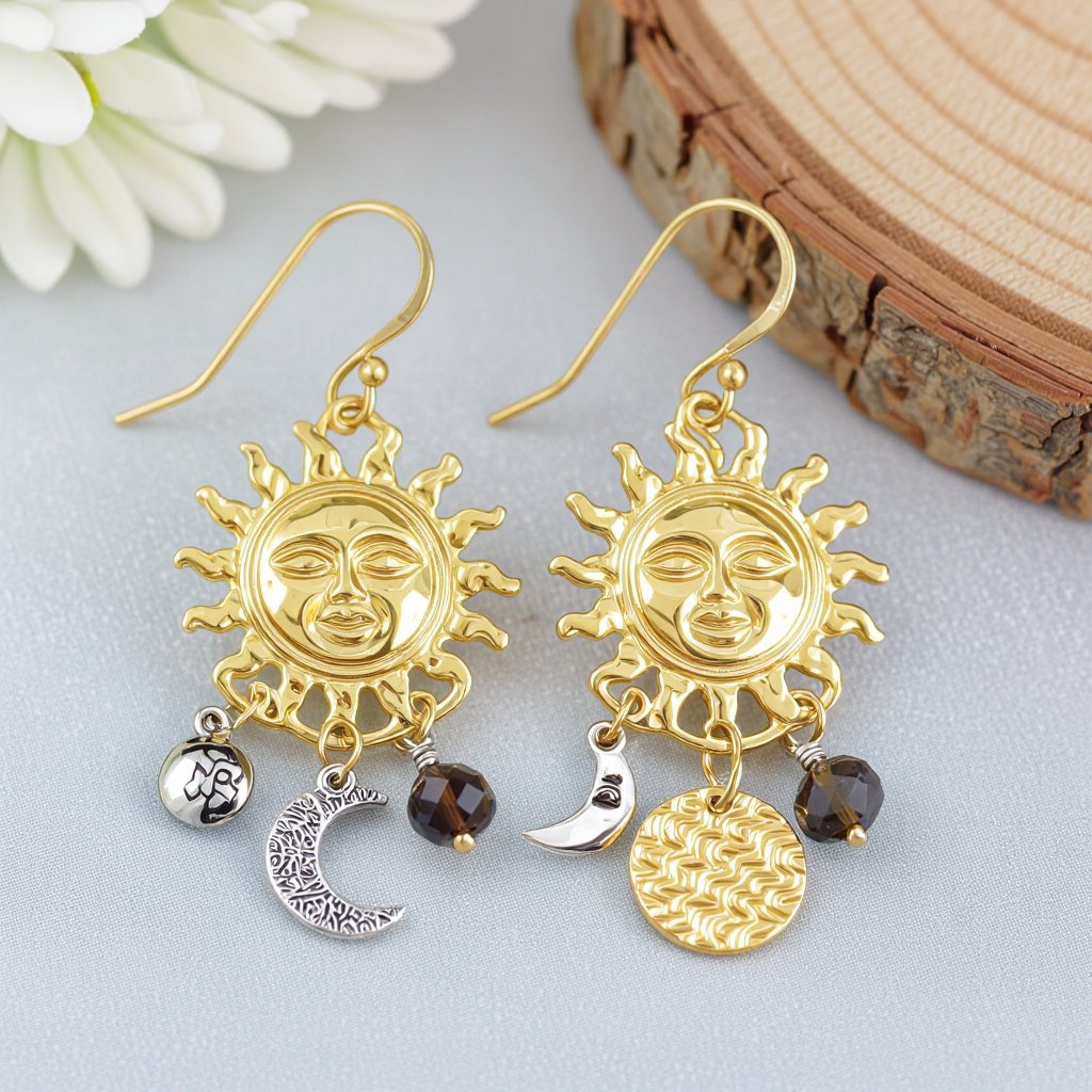 Золотые серьги словно мятое золото в форме солнца с волнистыми лучами крепится к застежке серьги. К нижней части солнца крепятся подвески: миниатюрный серебристая луна, очень маленький кристалл раухтопаза и маленький золотой кружочек с мятым эффектом плоский