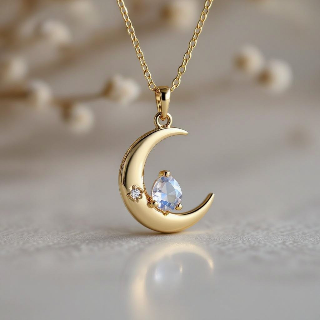 Луна полумесяцем с мелкими камушками и маленький в виде кристала лунный камень подвеска