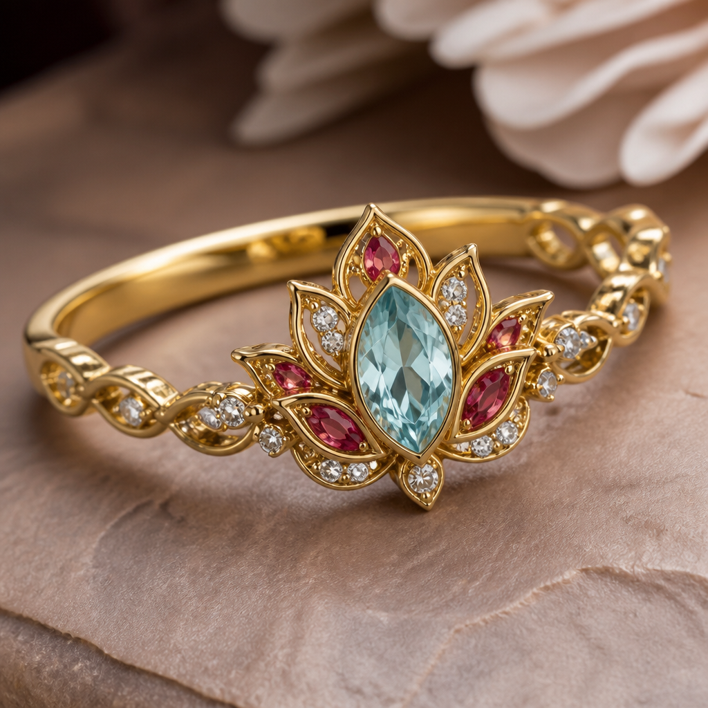 A romantic women's ring made of gold with aquamarine and ruby and diamond stones suitable for daily wear, highly ornate, intricate and elaborate, richly detailed. Delgada con un diseño de flor de loto y cadena
photorealistic jewelry design, A romantic women's ring made of gold with aquamarine and ruby and diamond stones suitable for daily wear, highly ornate, intricate and elaborate, richly detailed. Delgada con un diseño de flor de loto y cadena, romantic style, just the design no text
