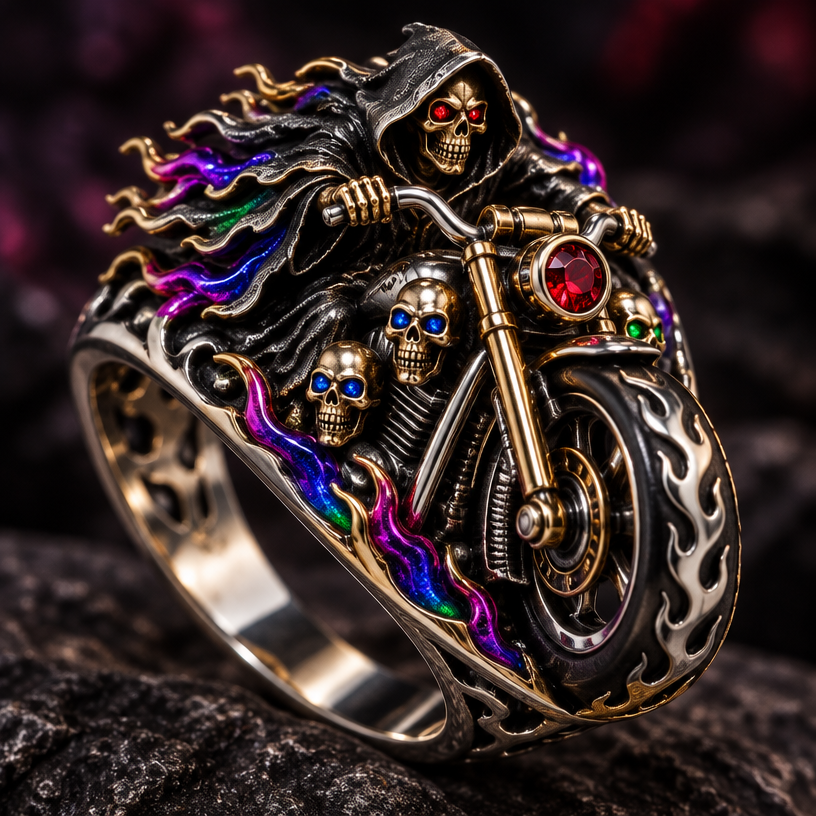 A gothic women's ring made of mixed metal suitable for party, detailed and decorative, moderately ornate. reaper on a motorcycle
using the attached image as a visual reference, create A gothic women's ring made of mixed metal suitable for party, detailed and decorative, moderately ornate. reaper on a motorcycle. photorealistic, just the design no text