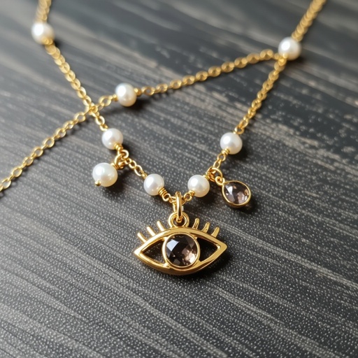 Тонкая цепочка с золотыми шариками и мелкими жемчужными камушками на цепочке есть кулон в форме глаза, зрачок глаза из раухтопаза от глаза идет маленькая подвеска с маленьким камушком 