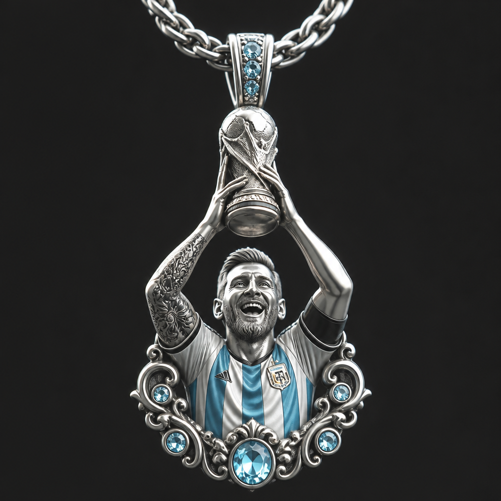 A chain men's pendant made of silver with aquamarine stones, detailed and decorative, moderately ornate. messi levantando la copa mundial 2022 con la camisa de Argentina
photorealistic jewelry design, A chain men's pendant made of silver with aquamarine stones, detailed and decorative, moderately ornate. messi levantando la copa mundial 2022 con la camisa de Argentina, chain style, just the design no text