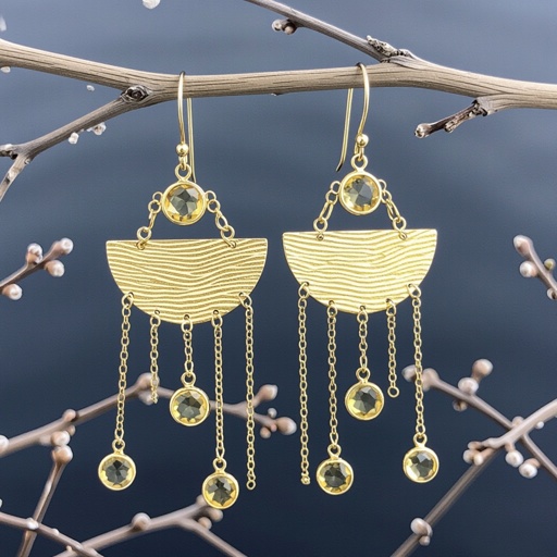 Золотые серьги словно мятое золото в форме узкого изящного полумесяца. Верхушка полумесяца крепится к застежке серьги.  От полумесяца идет три цепочки, у каждой на конце мелкий камушек цитрин