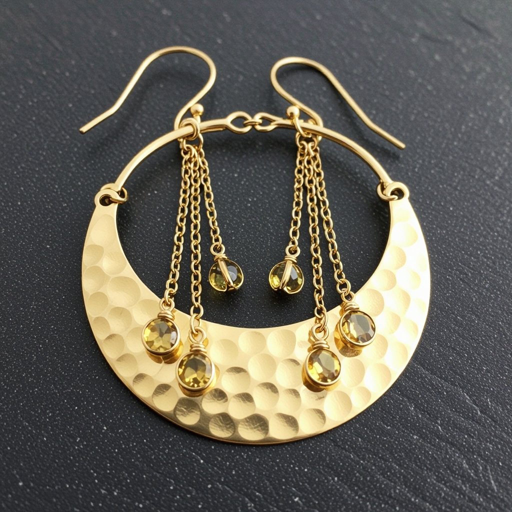 Золотые серьги словно мятое золото в форме узкого изящного полумесяца. Верхушка полумесяца крепится к застежке серьги.  От полумесяца идет три цепочки, у каждой на конце мелкий камушек цитрин