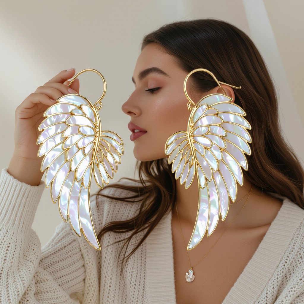 Серьги в виде белого крыла ангела из перламутра в золоте