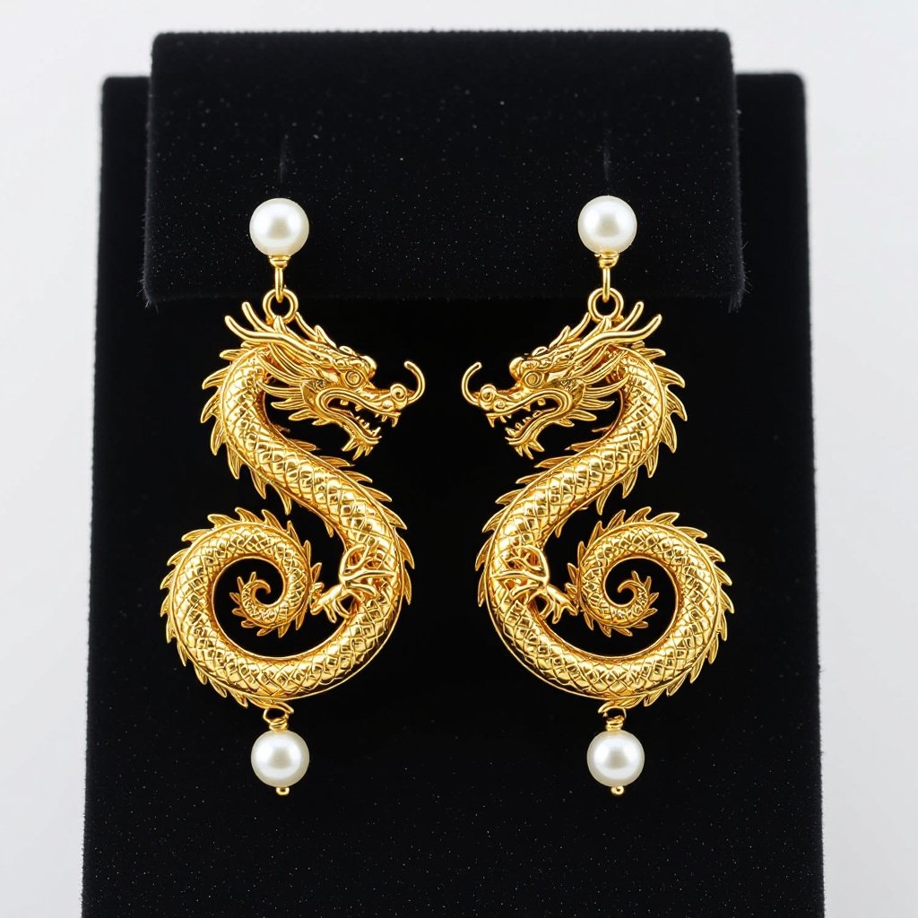 Золотые матовые серьги с изображением дракона узоры и жемчуг 