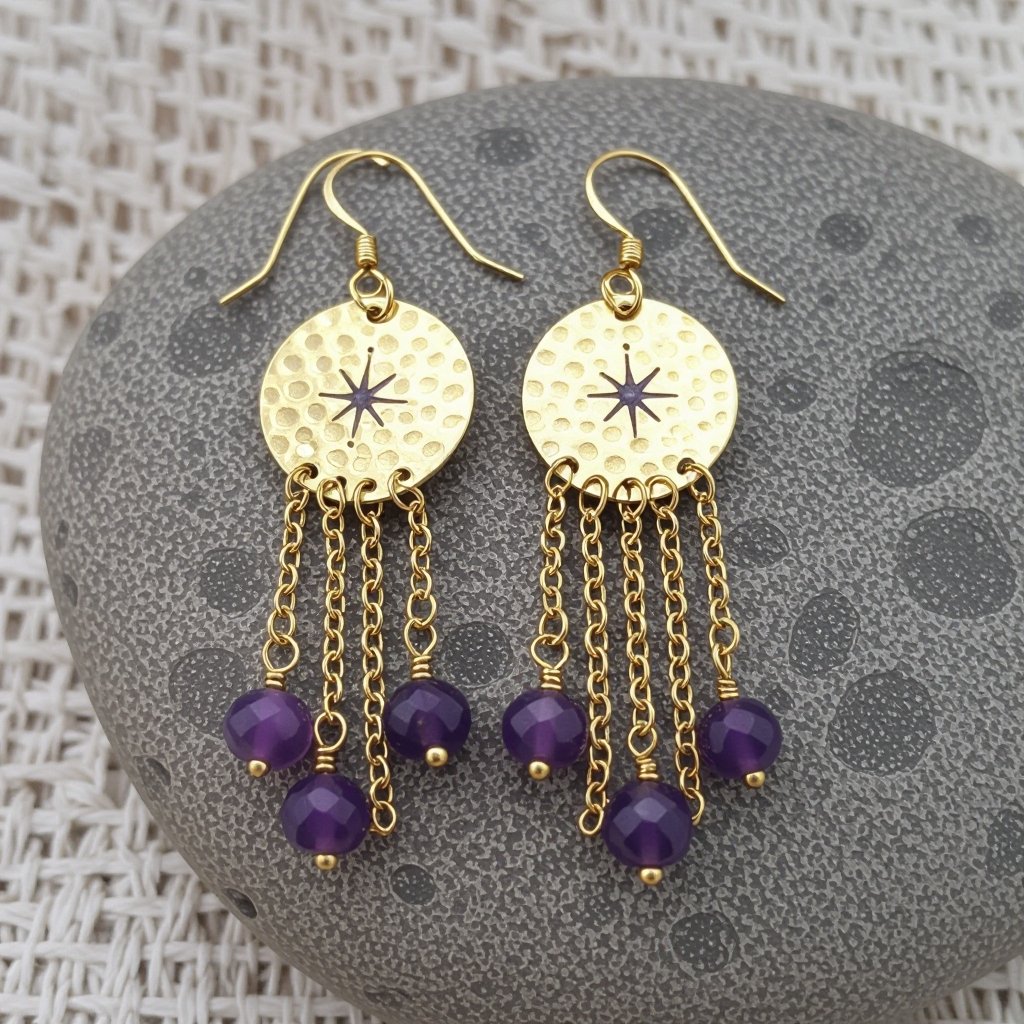 Серьги длинные на цепочках матовое золото мятое. Символ схематично созвездие. Маленькие фиолетовые камушки