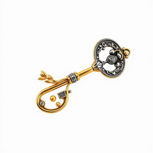 Old skeleton key shape gold and silver tones with olive branch turning on leg and keffieh print on the tip
